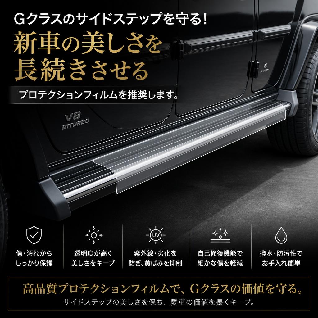 Gクラスのサイドステップを守る！新車の美しさを長続きさせるプロテクションフィルムを推奨します。