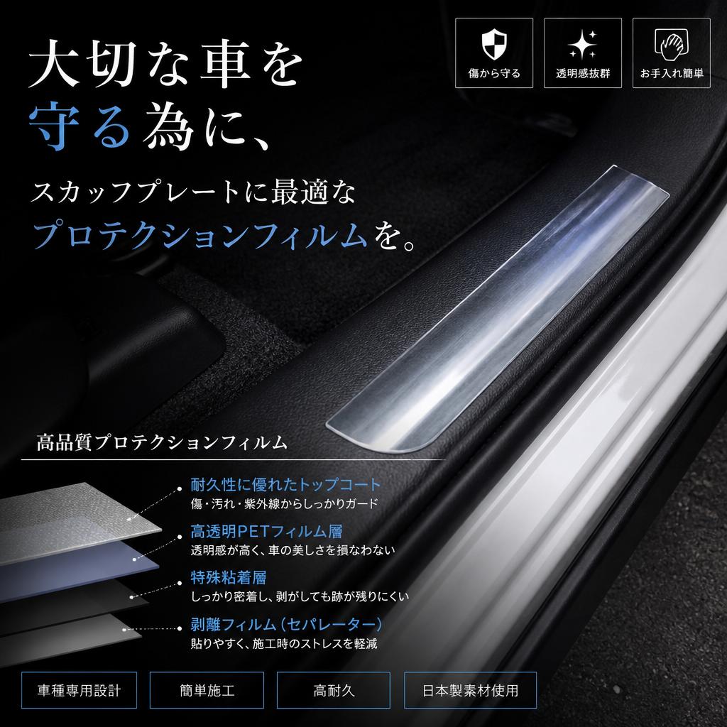 大切な車を守る為に、スカッフプレートに最適なプロテクションフィルムを。